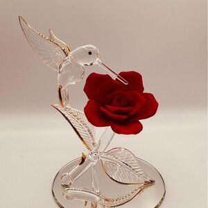 Hummingbird with Red Rose Glass Figurine Romantic Gift Decor